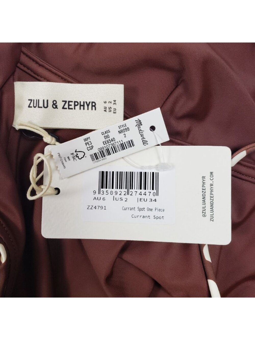 Zulu & Zephyr One-Piece Swimsuit Currant Spot Brown Polka Dot Women’s Size 2 NWT - Picture 3 of 16